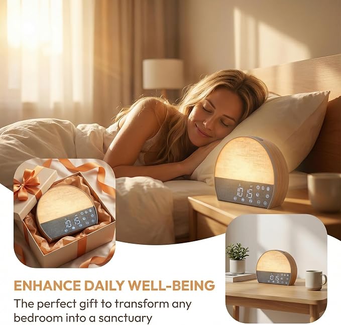 Sunrise Alarm Clock, 30 Soothing Sounds, FM Radio & Bluetooth | Zero Blue-Light Display, Flame-Retardant Build, No App Needed, Gift-Ready Box, Dual Alarms, Touch Panel