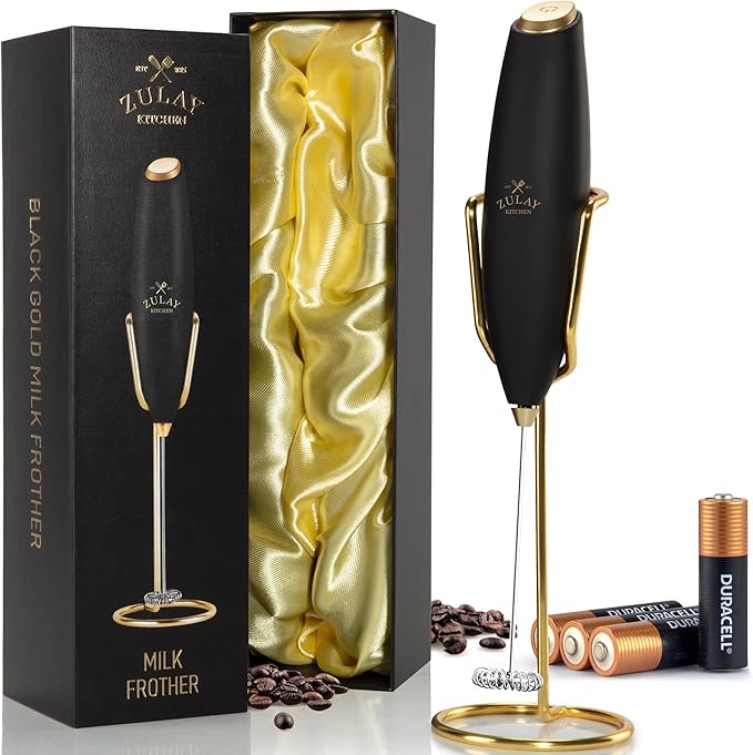 Zulay Kitchen Powerful Milk Frother Wand With Duracell Batteries - Ultra Fast Handheld Drink Mixer - Electric Whisk Foam Maker for Coffee, Lattes, Cappuccino & Matcha - Z1 Motor - Exec Black Gold