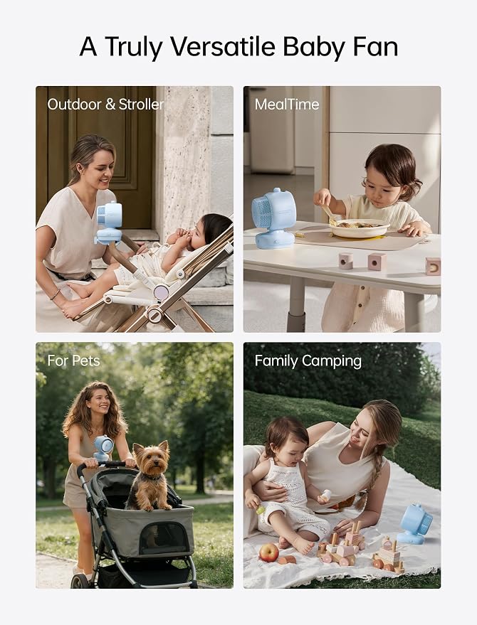 JISULIFE Chic Stroller Fan 2026-Baby Cool Helper: Smart 120° Auto Oscillation with 100 Speeds, 21H Super-Long Battery, Portable Baby Fan for Crib, Stroller & Bedroom, Gift for Moms-Blue(Clip)