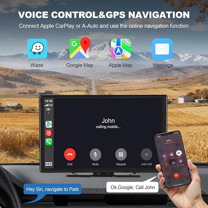 9'' Wireless CarPlay Screen for Car, Apple Car Play & Android Auto Car Stereo HD Touchscreen with 4K Dash Cam & 1080P Backup Camera, GPS Navigation & Mirror Link, for Most Vehicles