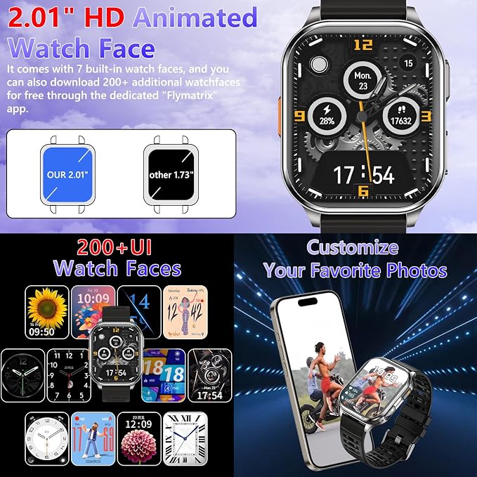 Smart Watches for Men Women with Built-in Camera 2.01" Touch Screen Play local music Save music Fitness with Heart Rate/SpO2/Sleep Monitor IP67 Waterproof Smartwatch for Android iOS 100+ Sports Modes