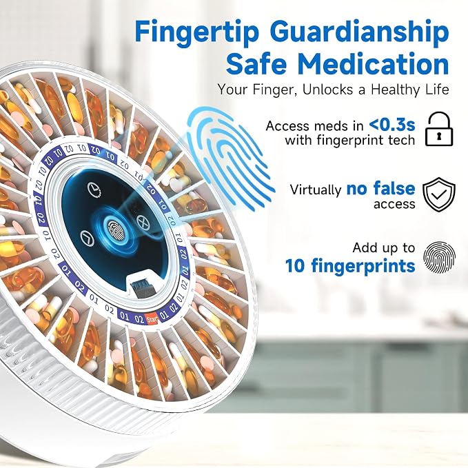 Zoksi Premium 31-Slot Automatic Pill Dispenser with Fingerprint & Key Lock, Smart Medication Organizer with Alarm & Light, Electronic Pill Organizer for Elderly & Forgetfulness