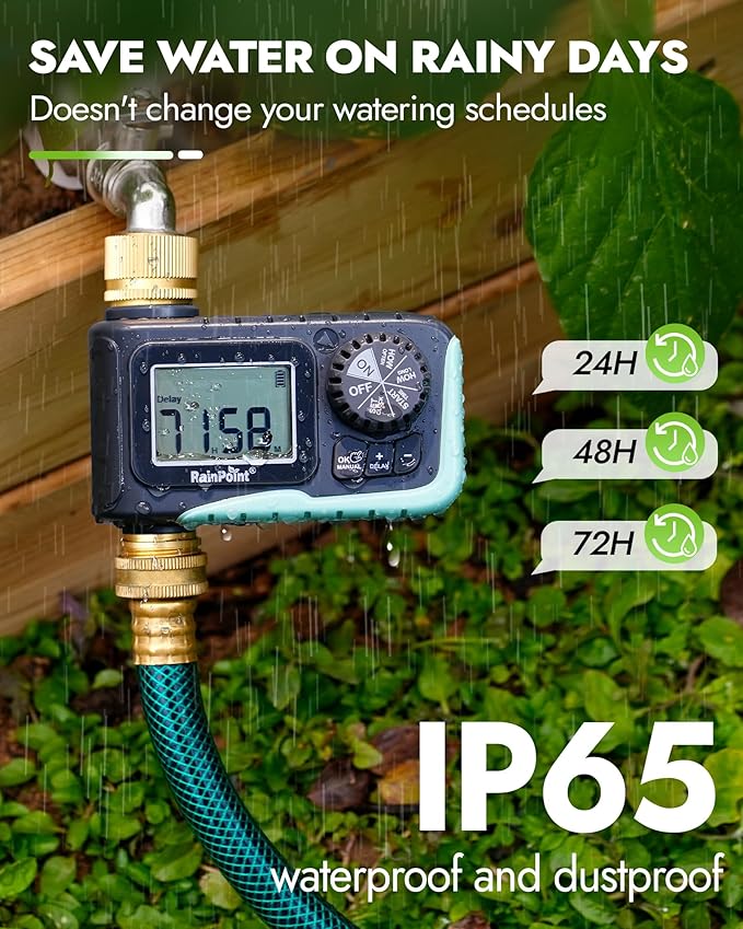 RAINPOINT Sprinkler Hose Timer with 2 Way Heavy Duty Metal Hose Splitter Programmable Watering Timer and 3/4 Inch GHT Y Spigot Splitter with Shut Off Valves for Faucet and Drip Irrigation