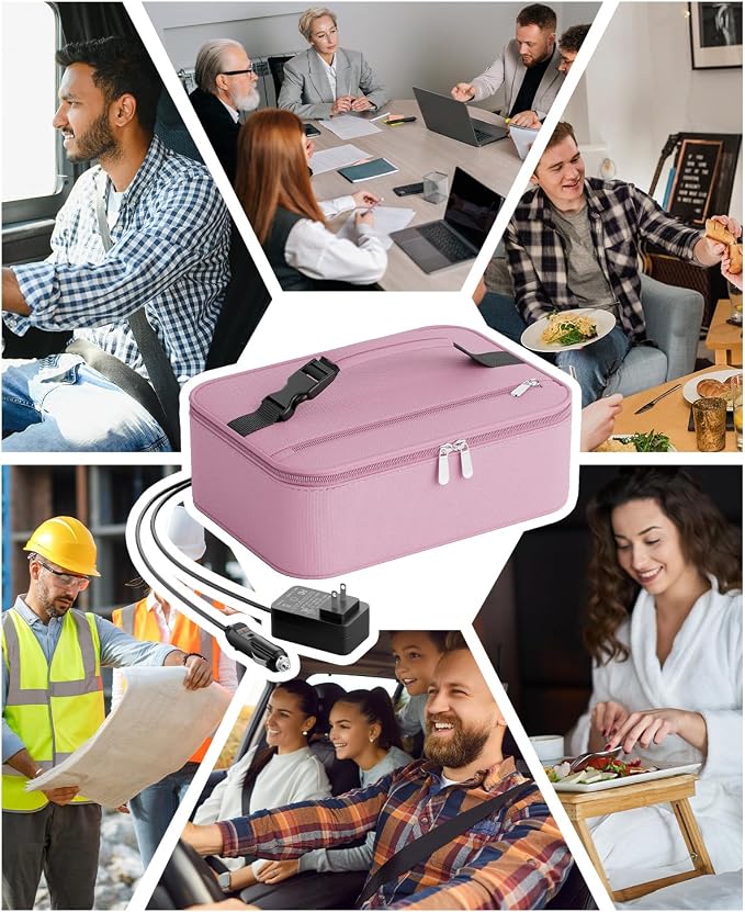 Portable Food Warmer - Heated Lunch Box for Adluts - Electric Thermal Lunch Bag with Buckle Handle, Heating Food Warmer Bags for 12V/24V Car & Truck, 110V/220V Home/Office, Pink