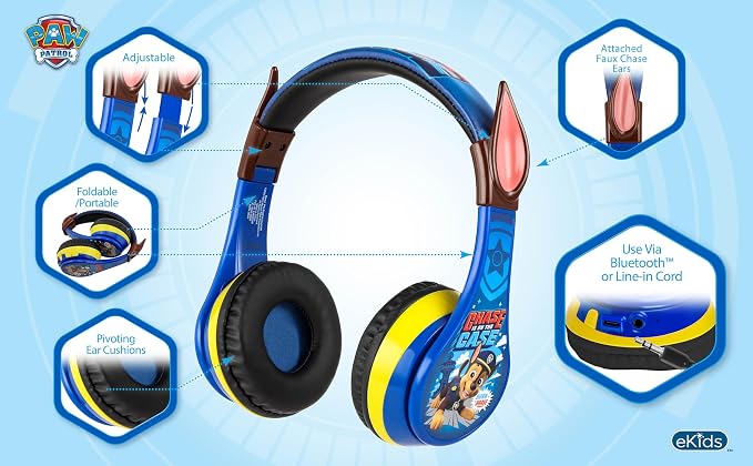 EKIDS - PAW Patrol Chase Bluetooth Headphones for Kids, Wireless Headphones for SC