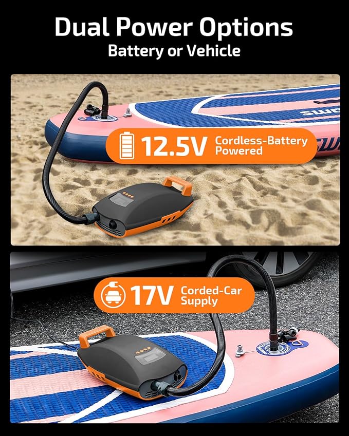 Swonder Seawolf Dual-Power Paddle Board Pump, 2X Faster Electric Air Pump for SUP & Kayak, 20 PSI with Dual Cylinders, Active Cooling, 6000mAh Battery & Car Adapter, Plug Adaptable Up to 17V DC