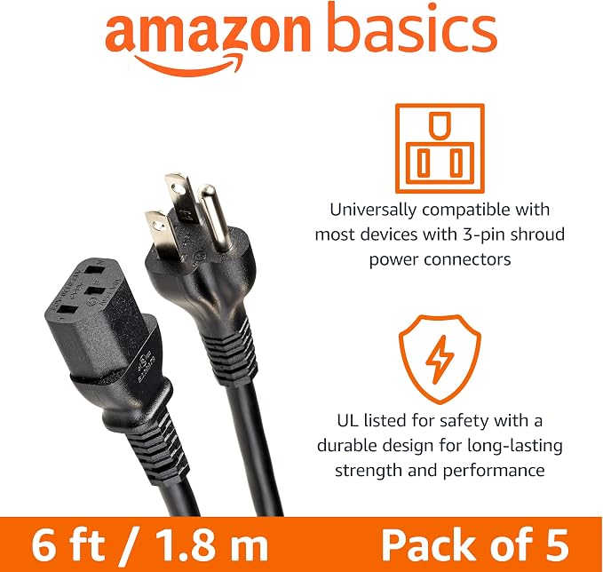 Amazon Basics Universal PC Power Cord Replacement, AC Power Cord for Monitor, Computer, TV, 3 Prong, 18 AWG, 125 Volts, 6 ft, Black, 5-Pack