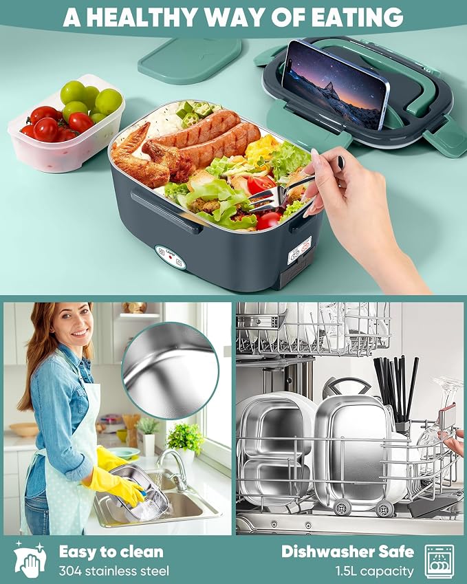 Eocolz Electric Lunch Box Food Heater, Food Warmer 1.5L Portable Heated Lunch Box for Car Truck Work Stainless Steel Fork & Spoon 12/24/110V for Adults Lonchera Eléctrica (gray-blue)