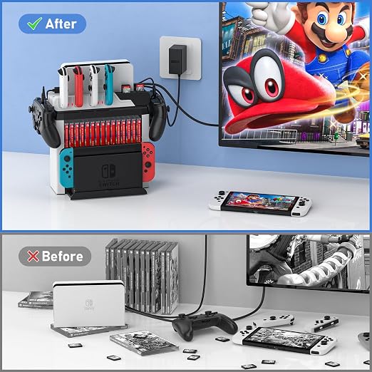 Switch Game Storage with Controller Charger for Nintendo Switch & OLED Model, MLIFEMFUL Switch Charging Dock Charges 6 Joycons, Switch Gaming Accessories Holder Desk, Switch Game Gift Card Organizer
