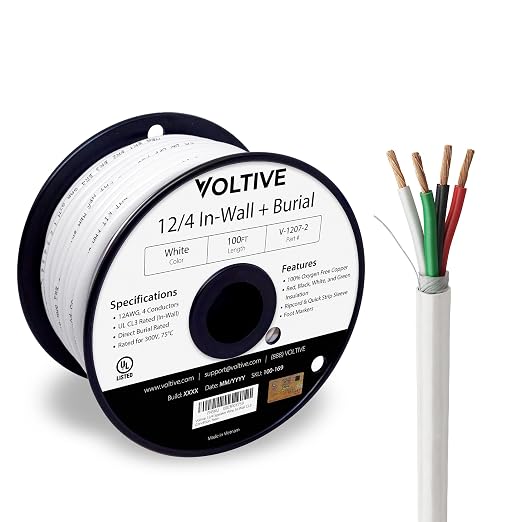 Voltive 12/4 Speaker Wire, in-Wall CL3 & Direct Burial, White, 100ft - 12AWG, 4 Conductors, Stranded Oxygen-Free Copper, UL Listed - V-1207-2