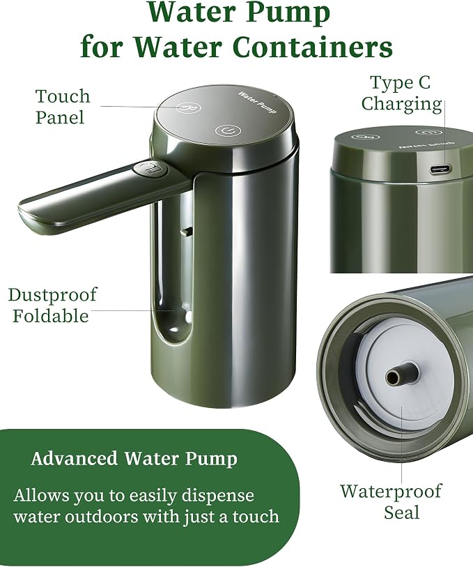 UPWOIGH Automatic Water Pump for Square Camping Water Jug, Screw-Lock Fit 1.97in (50mm) Outer Thread Only, Type-C Rechargeable Touch Dispenser, Green, Not for Standard Bottles