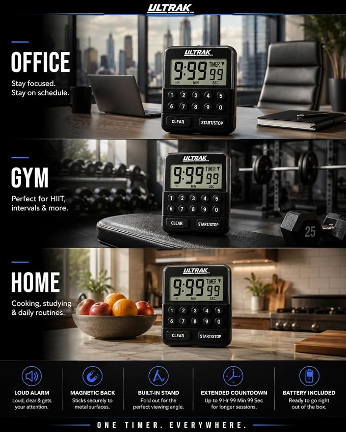 ULTRAK T-3 Digital Countdown Timer with Keypad – Count Up & Count Down Timer, Loud Alarm, Large Display, Magnetic Back, Ideal for Classroom, Fitness, Cooking & Study