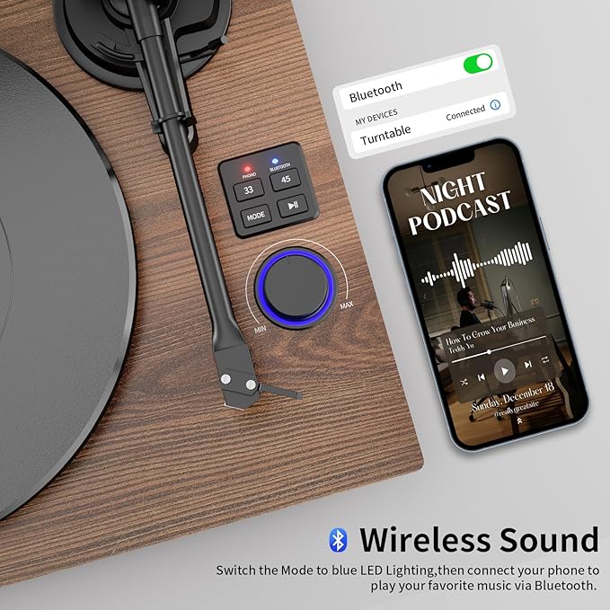 FEKTIK Record Player with Magnetic Cartridge, Bluetooth Belt Drive Vinyl Turntable High Fidelity System with 36 Watt Bookshelf Speakers, Built-in Phono Preamp, USB Recording and Auto Stop