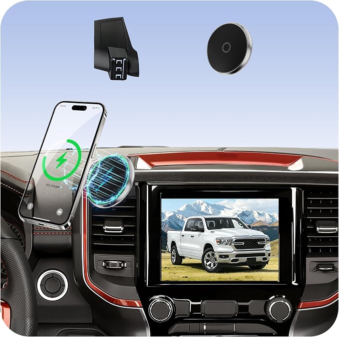 Phone Mount for Dodge Ram 1500/2500/3500 (2019-2024, 5" & 8.4"), 15W Wireless Charger, Magnetic Phone Holder, Dashboard Car Holder,360°,Hands-Free, 2022 Truck Driver Essentials(Not for Column Shifter)