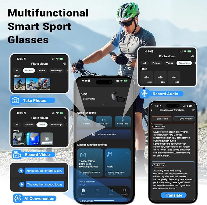 Smart Glasses with Camera and Bluetooth, POV Glasses with Photochromic Lens, 32MP Anti-Shake Camera, EIS Stabilization, IP64 Waterproof Sports Sunglasses for Cycling Running Hiking Baseball