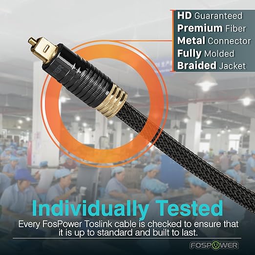 FosPower 24K Gold Plated Toslink Digital Fiber Optical Audio Cable (S/PDIF) - [Zero RFI & EMI Interference] Metal Connectors & Ultra Durable Nylon Braided Jacket (10ft)