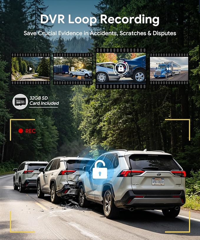 RV Backup Camera System with Front & Rear View Camera, 7'' Split Screen for RV Truck Trailer Camper, 1080P HD DVR Loop Recording, Plug & Play, Night Vision, IP69 Waterproof, Wide Angle, 32GB SD Card
