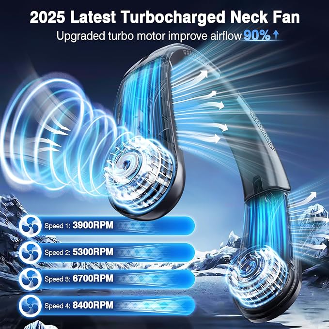 ChillGo Portable Neck Fan - 8400 RPM Enlarged Turbo Airflow - 5200mAh Personal Rechargeable Cooling Wearable Fan - Max 16H, 4 Speeds, Foldable, LED Display - Great Gifts for Men Women - NYC Midnight
