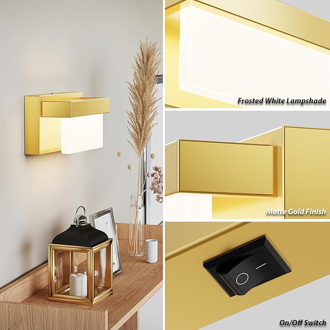Wall Sconce Gold Wall Light with On/Off Switch 8 inch LED Wall Lamp Acrylic Lampshade 4000K Sconce Wall Lighting