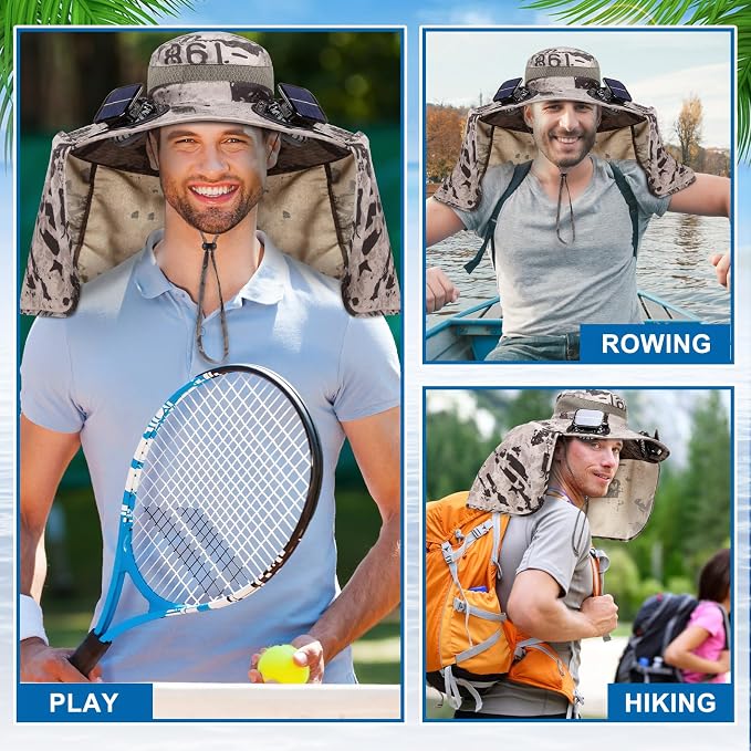 Chuarry Wide Brim Sun Hat with 2 Solar Fans and Neck Flap Outdoor Solar Powered USB Charging Bucket Fishing Hat for Men Women