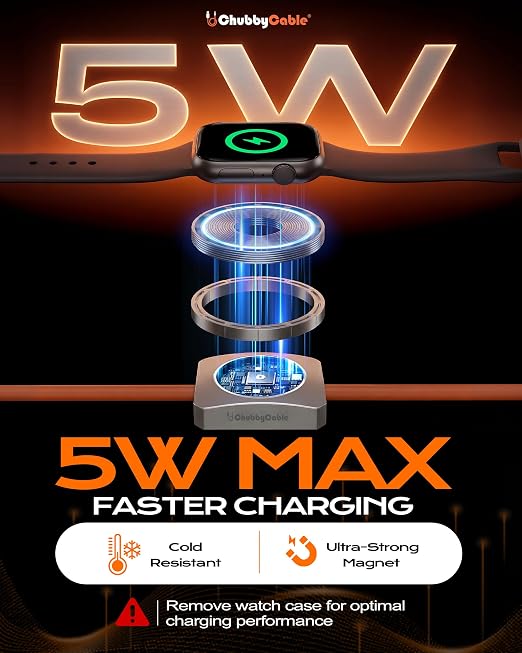 chubbycable Solo-Flex 2-in-1 USB-C Cable with Apple Watch Charger, Built-in 5W Magnetic Charger for Apple Watch, 100W Fast Charging, 4FT Thick Silicone Cable, Orange