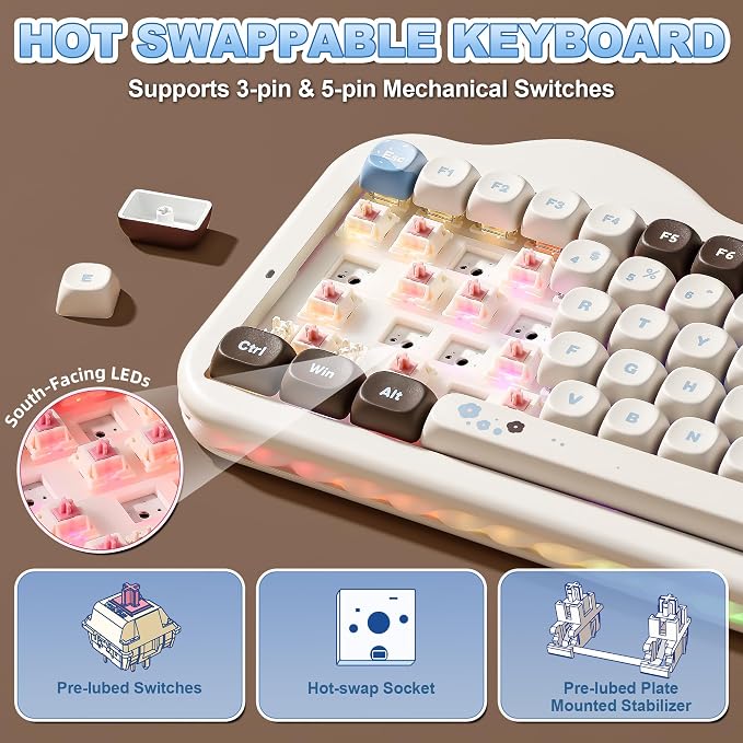 YUNZII C75 Wireless Mechanical Keyboard,75% Layout, Hot-Swappable NKRO,BT5.0/2.4G/USB-C Mode,Dye-Sub PBT MOA Keycaps,RGB Gasket Mount,Cute Cake Design for Mac/Win/Gaming (Choco, Candy Switch)