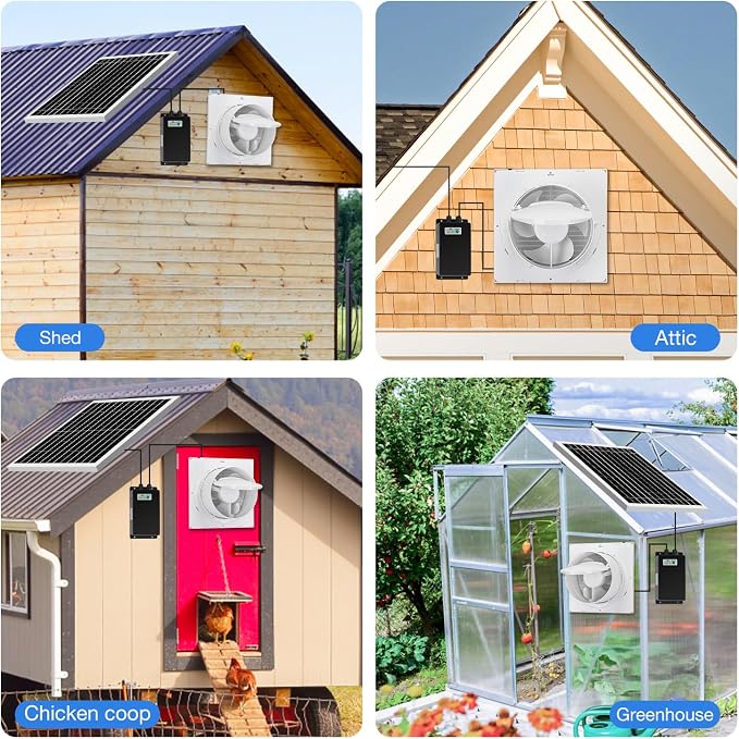 Fanspex Solar Exhaust Fan, Solar Powered Vent Fan Kit for Outside Greenhouse Shed Chicken Coop (8" Fan with Battery)