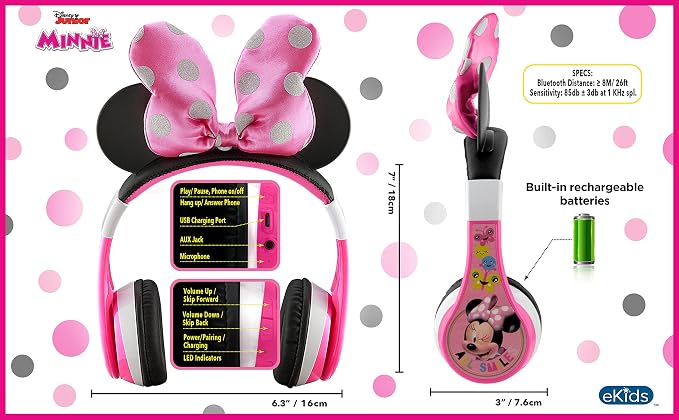 eKids Minnie Mouse Kids Bluetooth Headphones, Wireless with Microphone Includes Aux Cord, Volume Reduced Foldable Headphones for School, Home, or Travel, Pink
