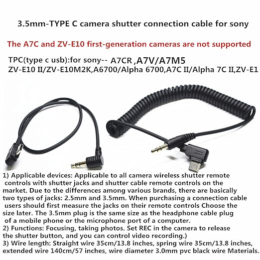 (3.5mm-USB c) for Sony a7v/a7m5 Shutter Release Connection Cable Camera a6700 a7c r/a7cII/ZV-E1/ZV-E10 II 13.8in Flash Starter Remote Control Accessory Wire(3.5mm-Type c Cable 2pcs)