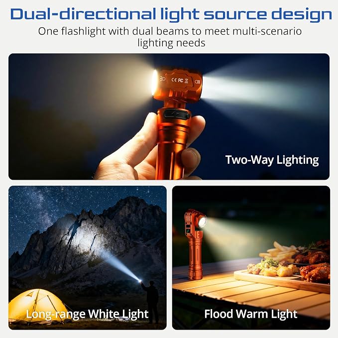 Rechargeable Flashlight High Lumens, 1400 Lumens Pocket Flashlight with 180 Degree Head, Dual Light Sources Magnetic Flashlight for Camping, Working, Outdoor, Hiking, Emergency