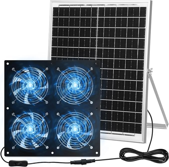 Solar Powered Fan 11.8" Greenhouse Exhaust Fan Solar 4 Fan Kit 25W Solar Panel Powered Exhaust Fan with Aluminum Bracket for Attic, Shed, Barn, Dog House, DIY Cooling Ventilation Project(1 Set)