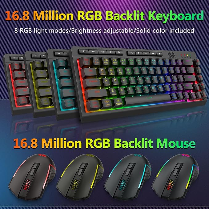 Redragon Wireless Gaming Keyboard and Mouse Combo, Bluetooth/2.4G/USB-C Wired, RGB Backlit, 60% Portable Quiet Rechargeable Macro Membrane Keyboard & 12800 DPI Mouse with Software for Win/MAC