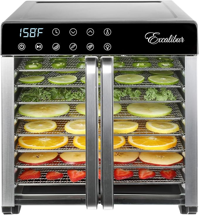 Excalibur Food Dehydrator 8-Tray for Jerky, Fruit, Vegetables, Herbs, Pet Treats, 7.2 Cu Ft Drying Space with Adjustable Temperature Control and 80 hour digital timer, 8-Tray, Stainless Steel