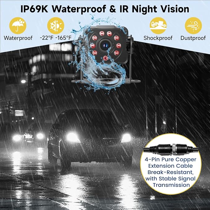 4 Wired Backup Camera System for Truck/RV, 10.1" HD 1080P Plug and Play Touch DVR Quad Split Monitor & 4 Side/Rear Camera Waterproof IR Night Vision Vibration-Proof for Trailer/Tractor/Heavy Equipment