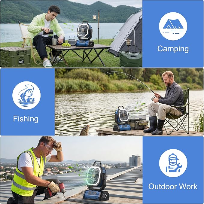 Honesorn 20000mAh Portable Rechargeable Fan, Camping Fan with LED Light & Remote, USB C Cordless Battery Powered, 4 Speeds Timer Hanging Hook for Travel Tent Outdoor Essentials, Navy Blue