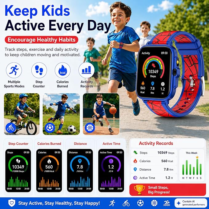 Smart Watch for Kids Boys Age 5-12, Ai Functions Games HD Touch Screen Watches with Video Camera Music Player Pedometer Heart Rate Sleep Tracker Christmas Birthday Gifts for Boys (Blue and Red, 1.85")