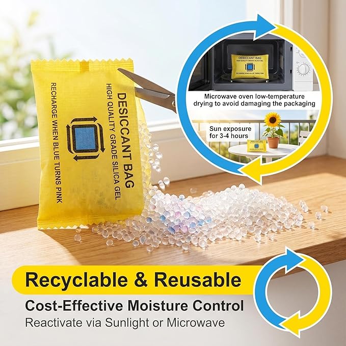Rechargeable Desiccant - Reusable Silica Gel Packets, Moisture Absorbers,Color Changing Desiccant for Moisture Control & Storage,2 Pack