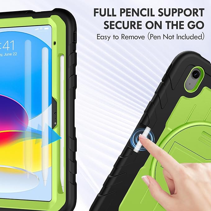 Case for iPad A16 (2025) 11th/10th Gen (11″/10.9″, 2022), Heavy Duty Shockproof Full-Body Cover with Pencil Holder, 2-in-1 Hand/Shoulder Strap, 360° Rotating Kickstand (Black+Green)