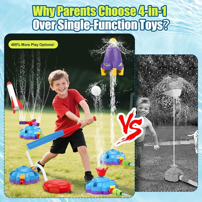 4-in-1 Water Sprinkler Baseball Toy, Water-Spraying Rocket, Water Baseball, Rocket Launch Game, Spinning Water Sprayer Outdoor Summer Toys for Boys Girls Outside Water Game Toys for Kids 3-12