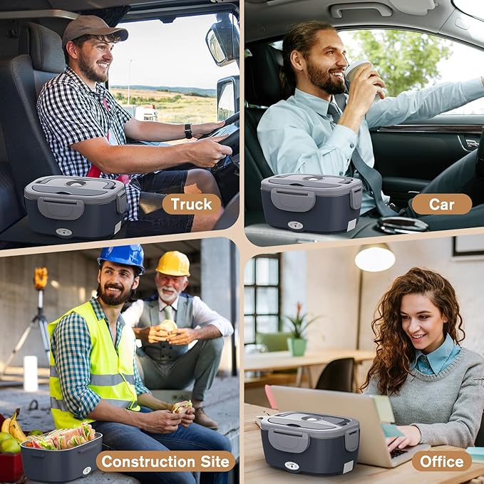 Vabaso Electric Lunch Box for Adults, 80W Heated Lunch Box with Dual 1.5L Stainless Steel Containers, Portable Food Warmer for Men Work Car Truck, 12V/24V/110V/220V - Eternal Gray