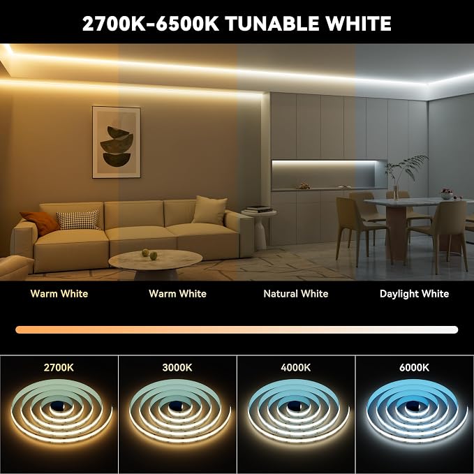 MIWISE COB LED Strip Light, 2700K-6500K All Color in One Tunable White LED Tape Lights Dimmable UL-Listed, APP Control Music Mode, for Under Cabinet, Bedroom, Kitchen, Shelves, Ceiling DIY, 32.8ft