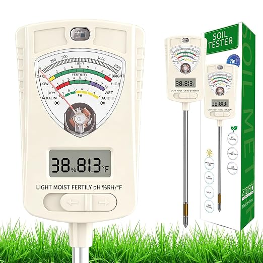 Soil Moisture Meter, 7-in-1 Soil Test Kit with Moisture/pH/Temperature/Sunlight/Air Humidity/Fertility, Soil Tester for Farming, Plants Gardening, Lawn, Gardening and Outdoor Plants