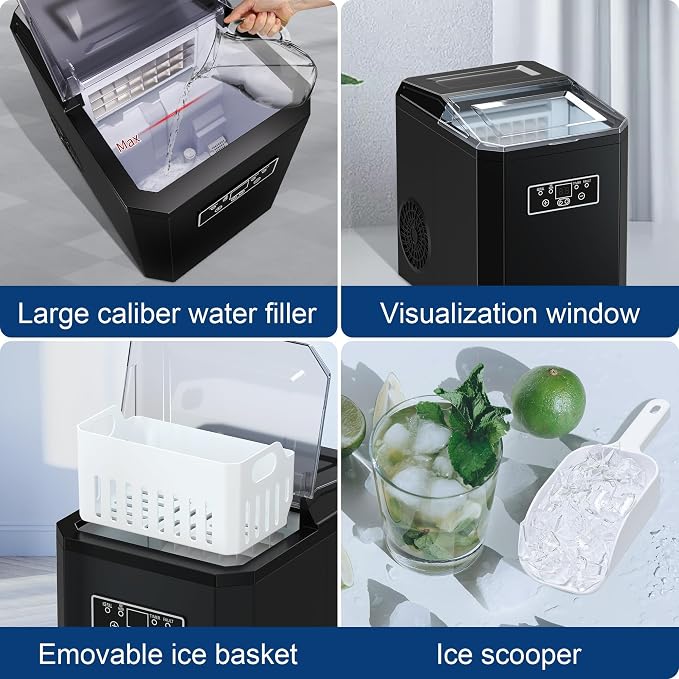 Ice Cube Maker, Counter Top Ice Maker with 2 Ways to Add Water, 33LBS/24H Ice Machine with Transparent Lid Perfect for Home, Office, Kitchen, RV, Basement Bars