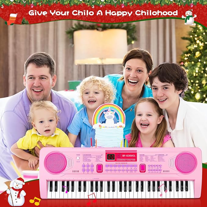 WOSTOO 61 Key Piano Keyboard for Kids, Portable 24.6-Inch Electronic Digital Piano with Follow Teaching Mode, Music Stand, Microphone & Recording, Educational Musical Instrument for Beginners, Pink
