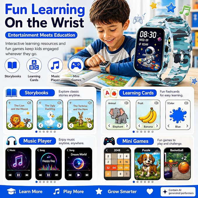 Smart Watch for Kids Boys Age 5-12, Ai Functions Games HD Touch Screen Watches with Video Camera Music Player Pedometer Heart Rate Sleep Tracker Christmas Birthday Gifts for Boys (Camouflage, 1.85")