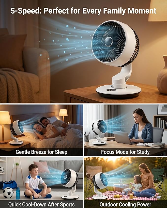 Desk Fan for Office, Rechargeable Air Circulator Fan for Bedroom Cooling, Ultra Quiet Battery Powered Table Fan, 5 Speeds, 9H Timer & 120°Oscillating Smart Portable Fan for Dorm, Home, Kitchen