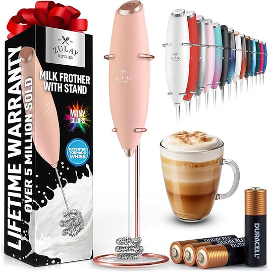 Zulay Kitchen Powerful Milk Frother Wand With Duracell Batteries - Ultra Fast Handheld Drink Mixer - Electric Whisk Foam Maker for Coffee, Lattes, Cappuccino & Matcha - Triple Whisk - Peach Radiance
