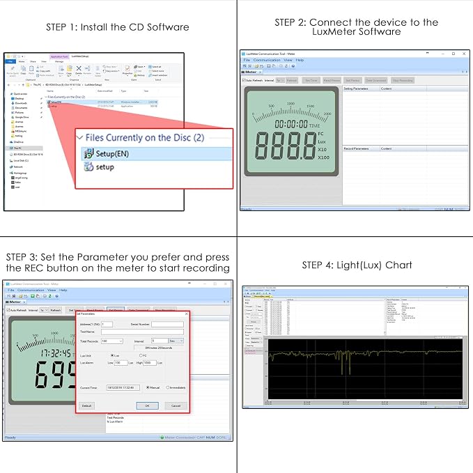 Digital Lux Meter 0-200,000 Lux – USB Data Logger for Windows 10/8/7/Vista/XP, 21,000 Memory, Auto-Ranging, Backlit Display, Fc/Lux Switchable, Detachable Sensor
