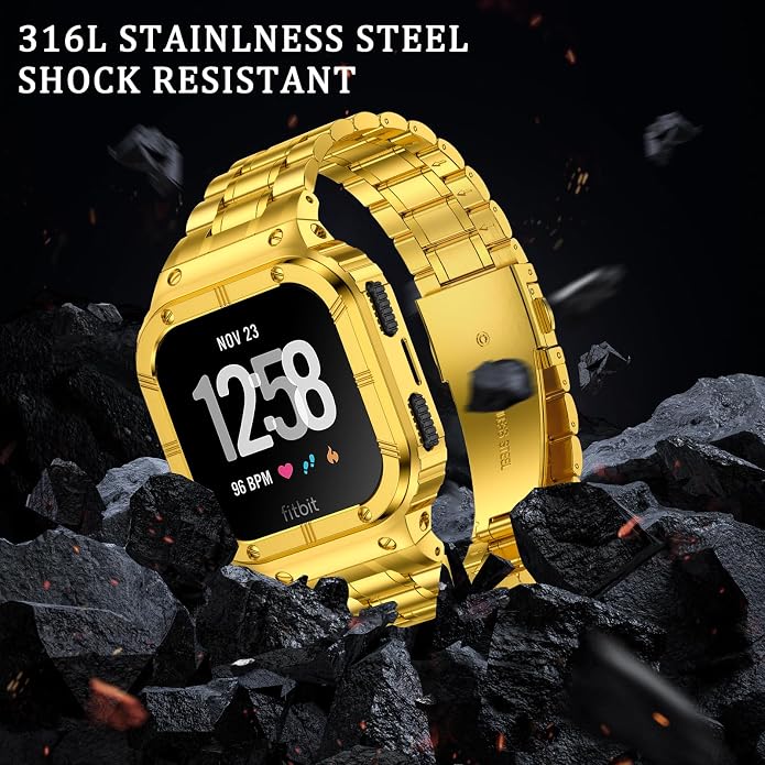BAITEYOU Stainless Steel Watch Band with Case Compatible for Fitbit Versa/Fitbit Sense Bands, Rugged Protective Bumper Metal Wristbands for Men Women