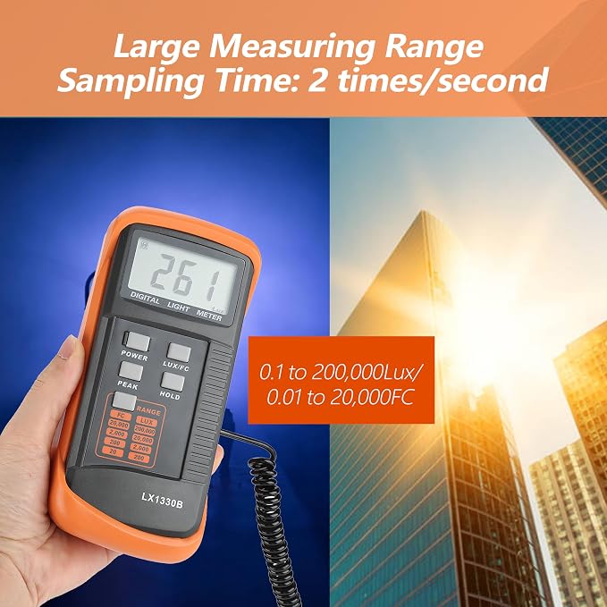 Walfront Light Meter for Plants Lux Meter Meter 0-200,000 Digital Luxmeter LX1330B LCD Display Illuminance Luminometer Lux and FC Switchable